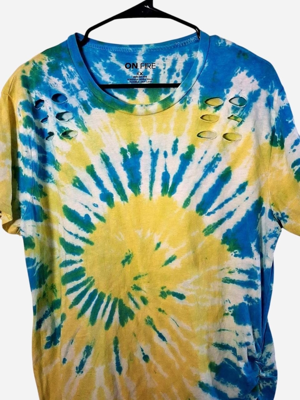 On Fire Yellow & Blue Tie-Dye Distressed Short Sleeve Tee